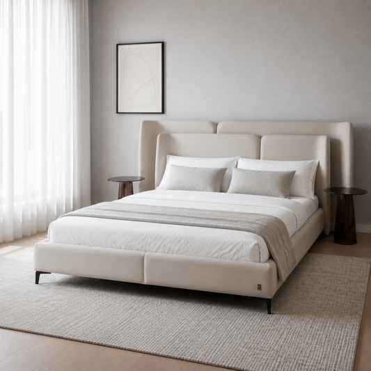 Auron - Bed, closer made-bed view showing the complete frame construction