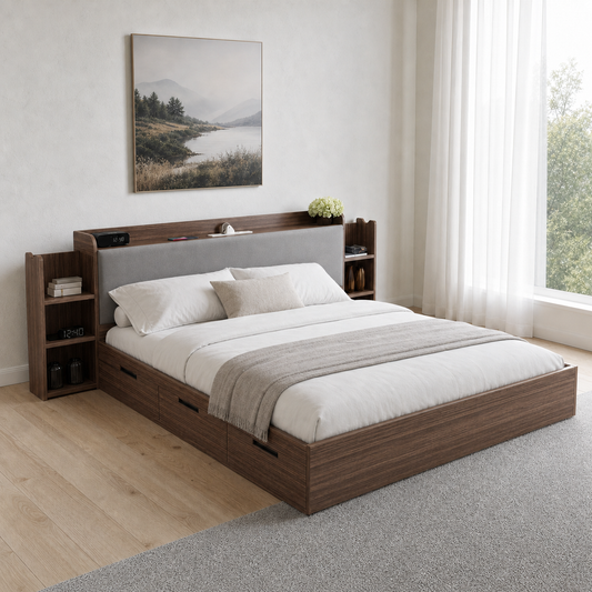 Elin - Bed, closer made-bed view showing the complete frame construction