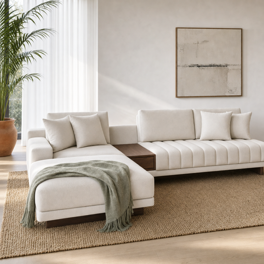 Bliss L-Shape Sectional Sofa styled with a sage-green throw on the chaise