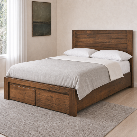 Brisa - Bed, closer made-bed view showing the complete frame construction