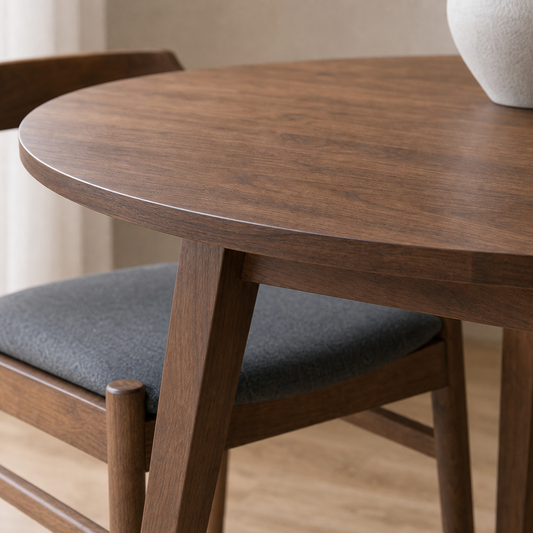Bryn - Wooden Top Dining Table, close tabletop and construction detail