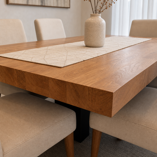 Cole - Wooden Top Dining Table, close tabletop and construction detail