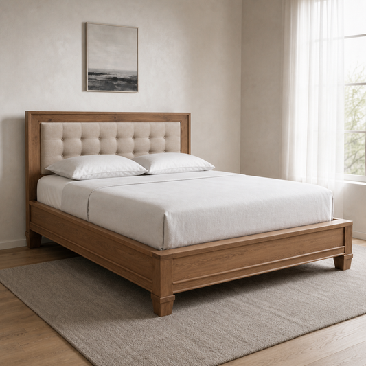 Denna - Bed, closer made-bed view showing the complete frame construction