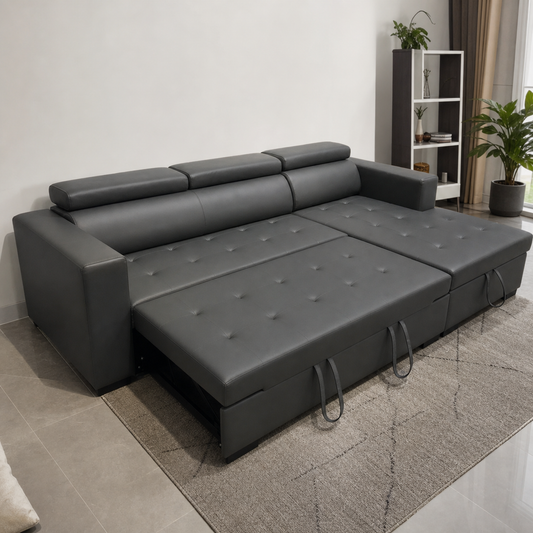 Drane - Sofa bed, front view verifying the fully open footprint