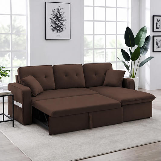 Farla - Sofa bed, front view verifying the fully open footprint