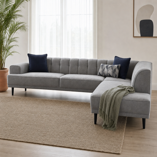Flar - L shape sectional sofa styled with a sage-green throw