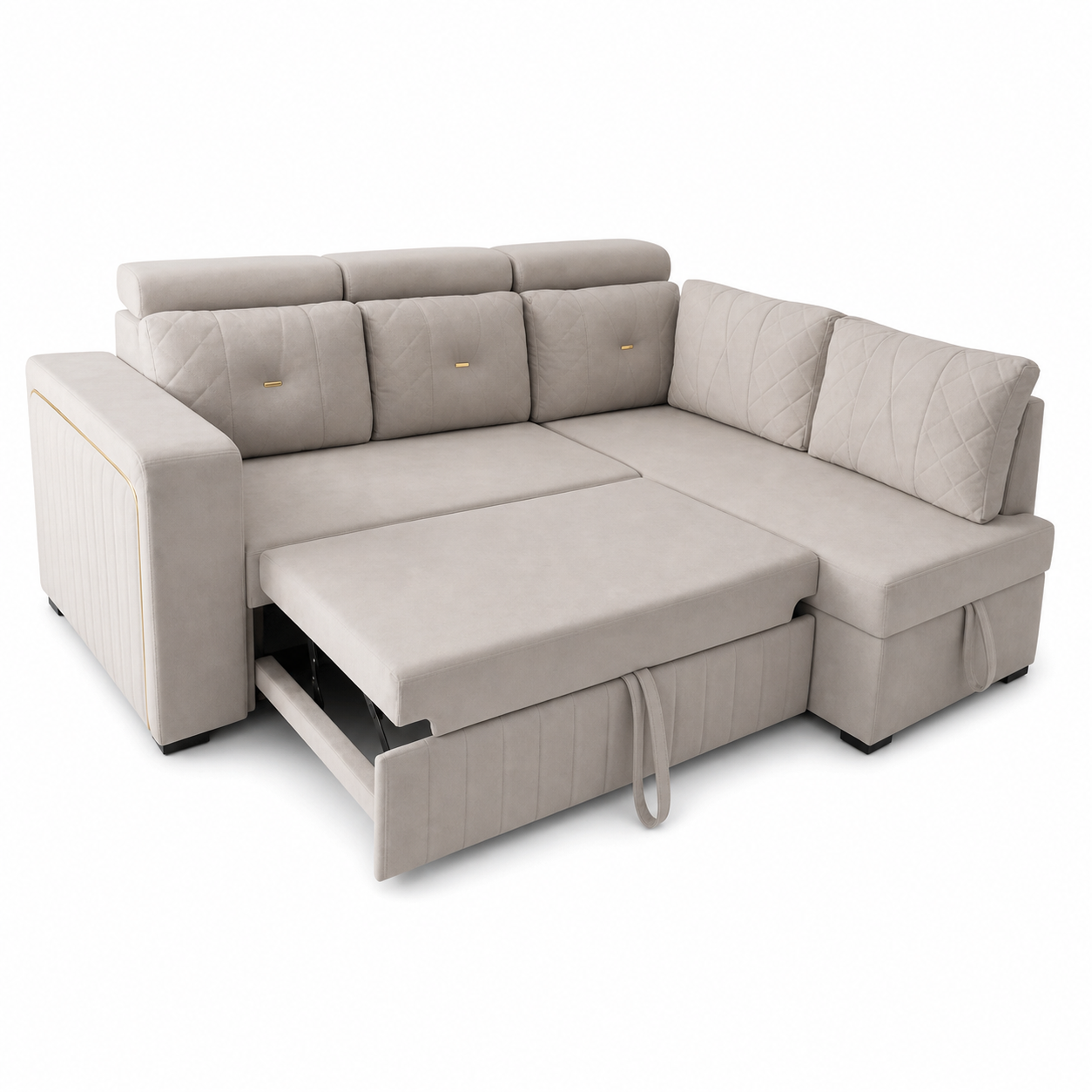 Glena - Sofa bed, open sofa-bed side studio view on pure white