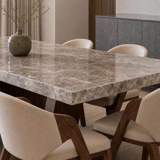 Gray - Wooden Top Dining Table, close tabletop and construction detail