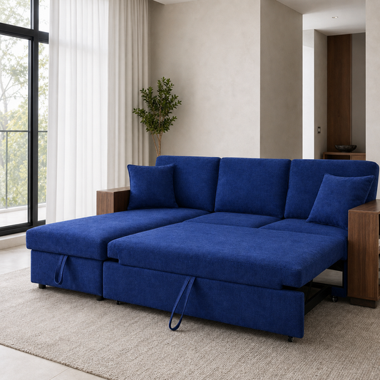 Greon - Sofa bed, front view verifying the fully open footprint