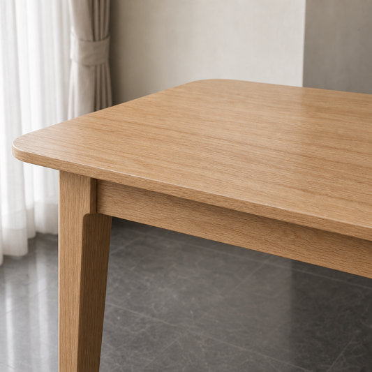 Mabel - Wooden Top Dining Table, close tabletop and construction detail