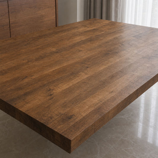 Miles - Wooden Top Dining Table, close tabletop and construction detail
