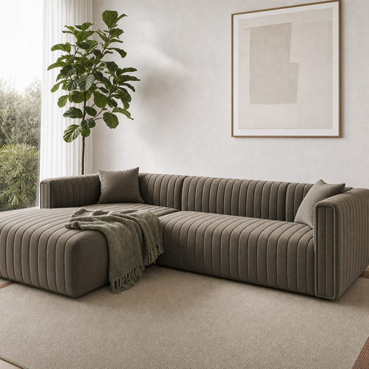 Oasis - L shape sectional sofa styled with a sage-green throw