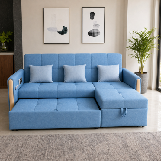Orine - Sofa bed, front view verifying the fully open footprint