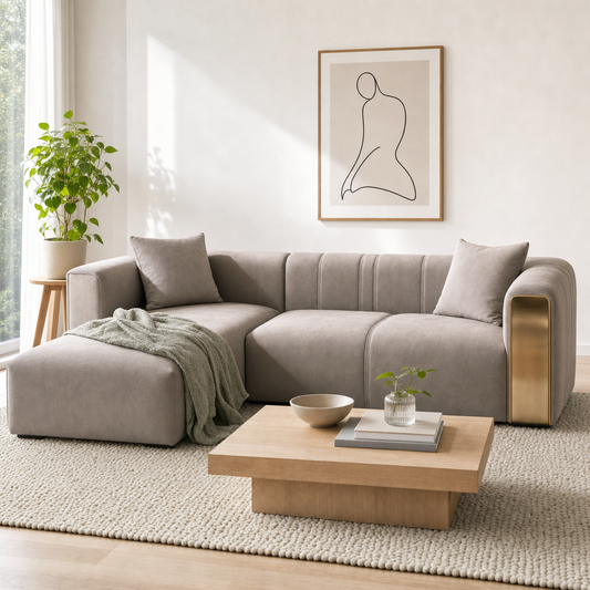Sage - L shape sectional sofa styled with a sage-green throw