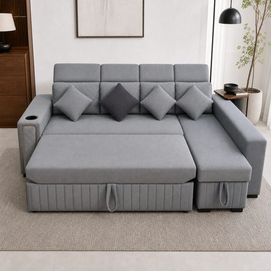 Sento - Sofa bed, front view verifying the source-proven open footprint