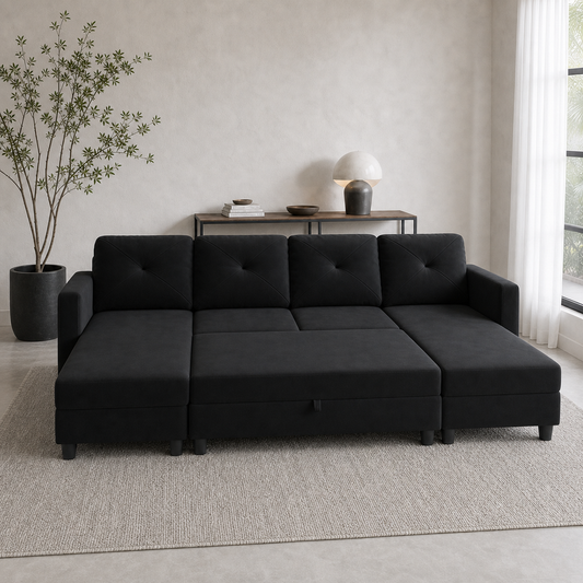 Siran - Sofa bed, front view verifying the fully open footprint