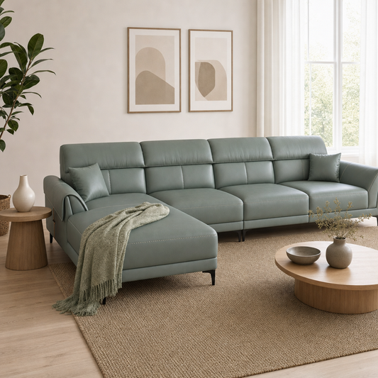 Tango - L shape sectional sofa styled with a sage-green throw