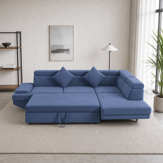 Umber - Sofa bed, front view verifying the source-proven open footprint