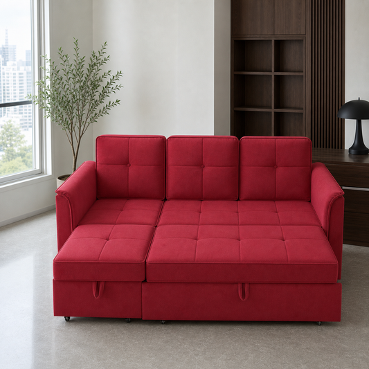 Varen - Sofa bed, front view verifying the fully open footprint