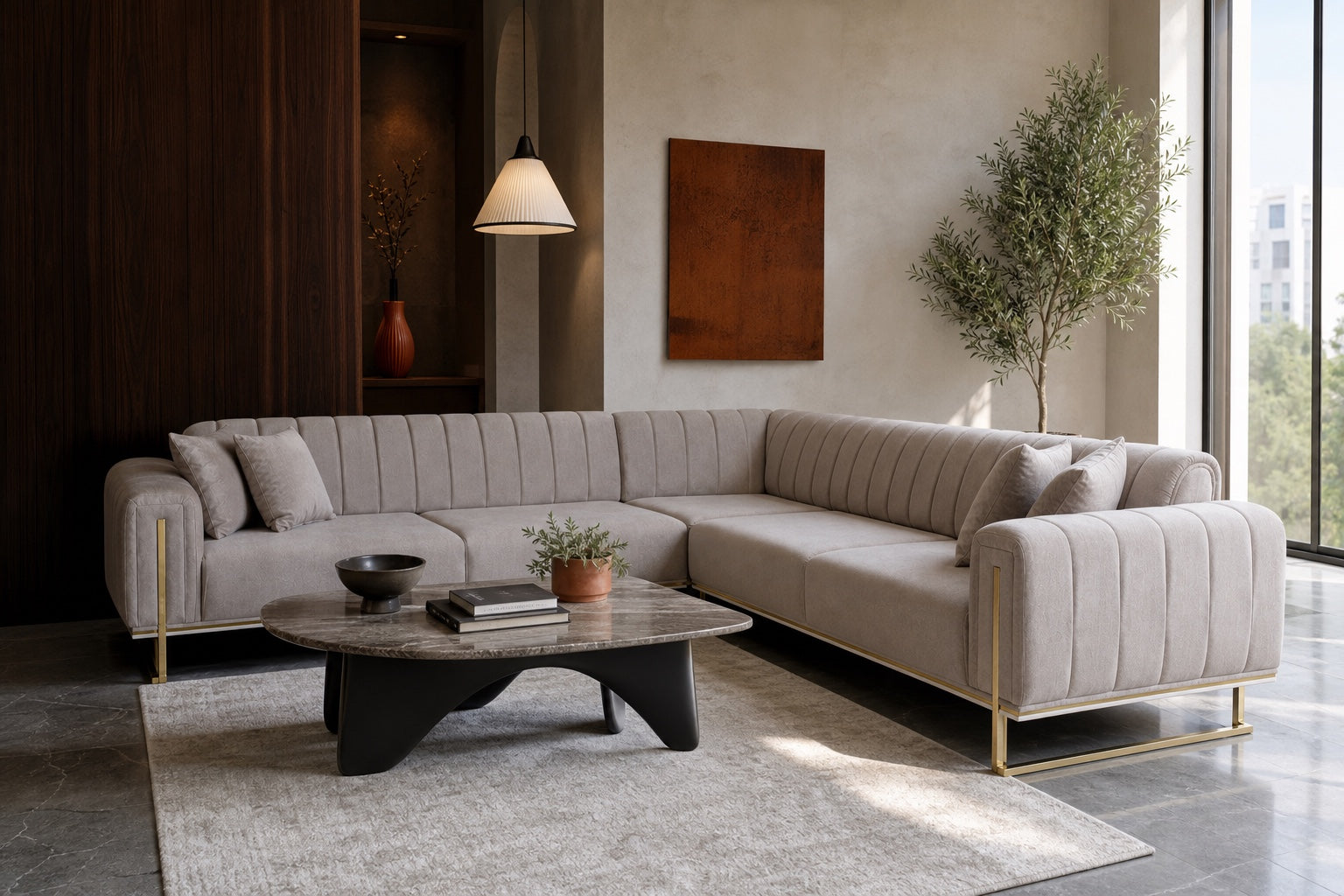 Furnishio channel-tufted sectional in an editorial living room