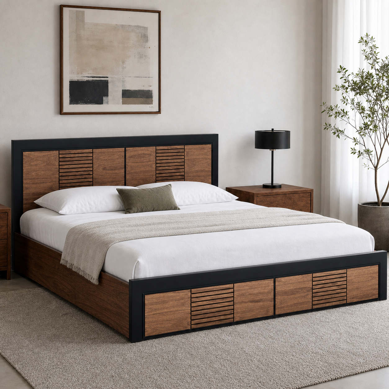 Adair - Bed, closer made-bed view showing the complete frame construction