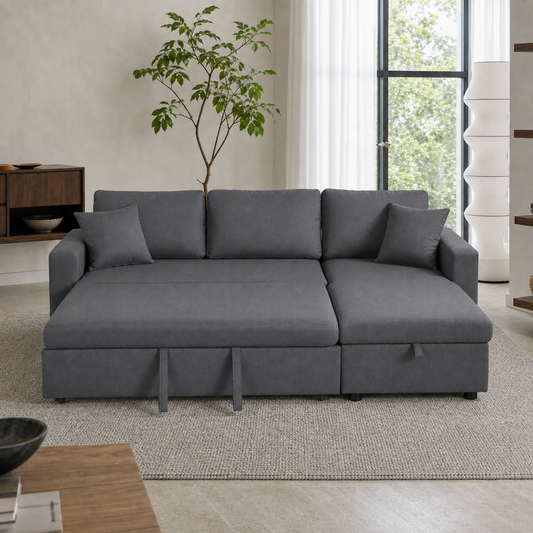 Alion - Sofa bed, front view verifying the fully open footprint