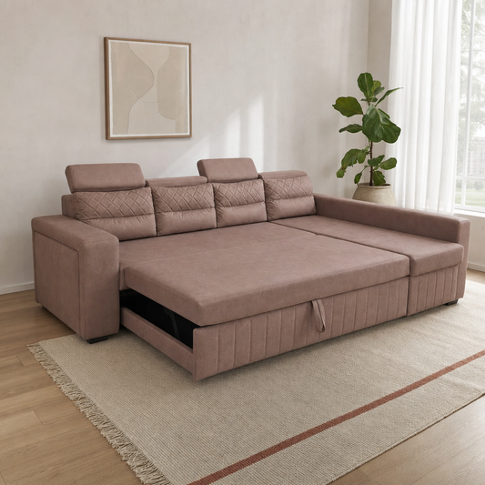 Alben sofa cum bed in mauve-taupe fabric with pull-out bed extended, in a modern living room