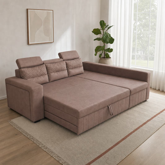Alben sofa bed viewed from the chaise end, showing the extended bed platform