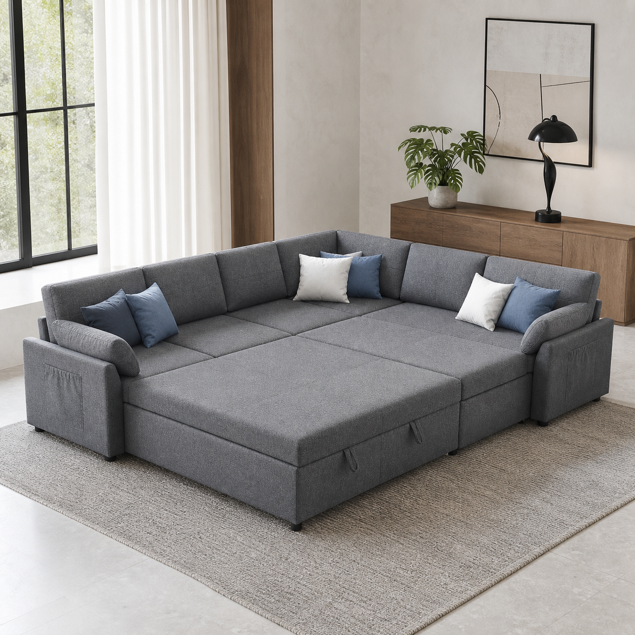 Amilo - Sofa bed, fully open sofa-bed hero in a contemporary living room