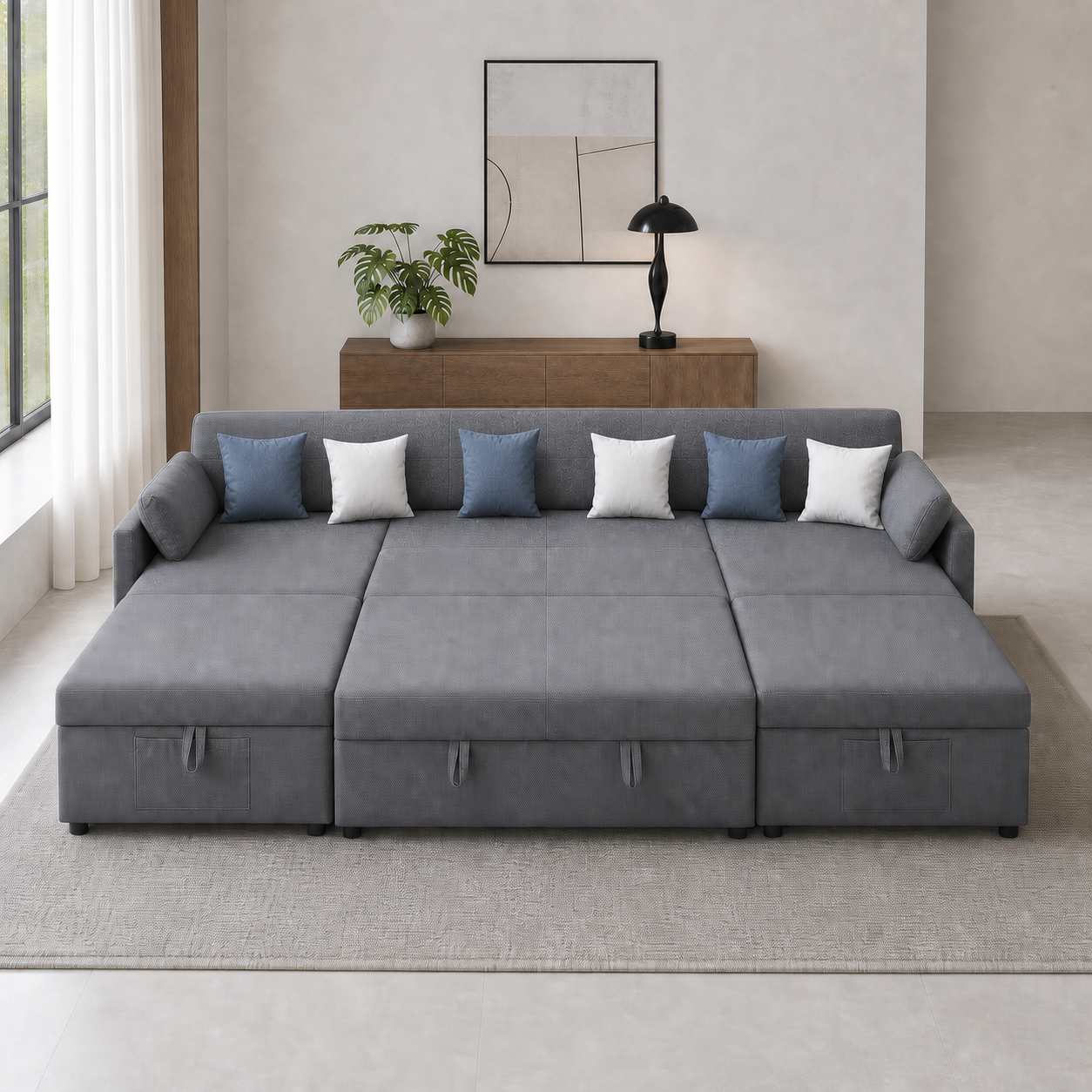 Amilo - Sofa bed, front view verifying the fully open footprint