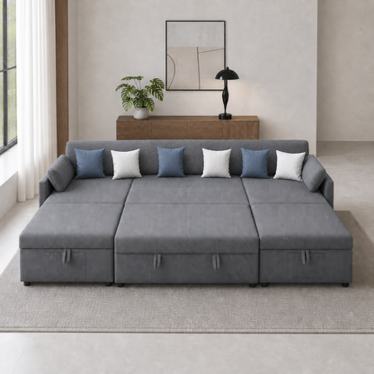 Amilo - Sofa bed, front view verifying the fully open footprint