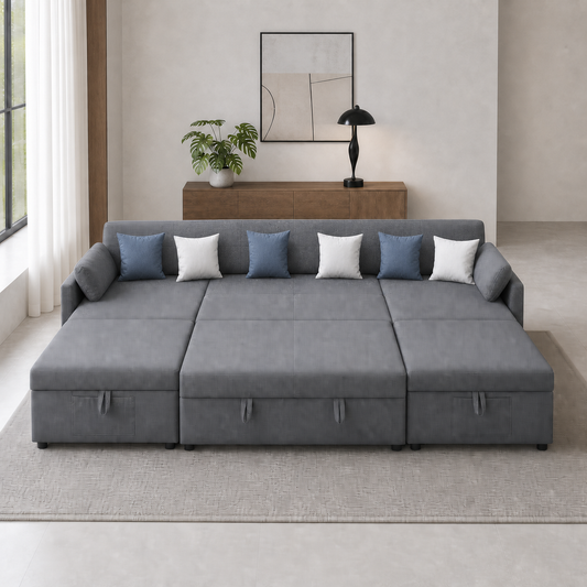 Amilo - Sofa bed, front view verifying the fully open footprint