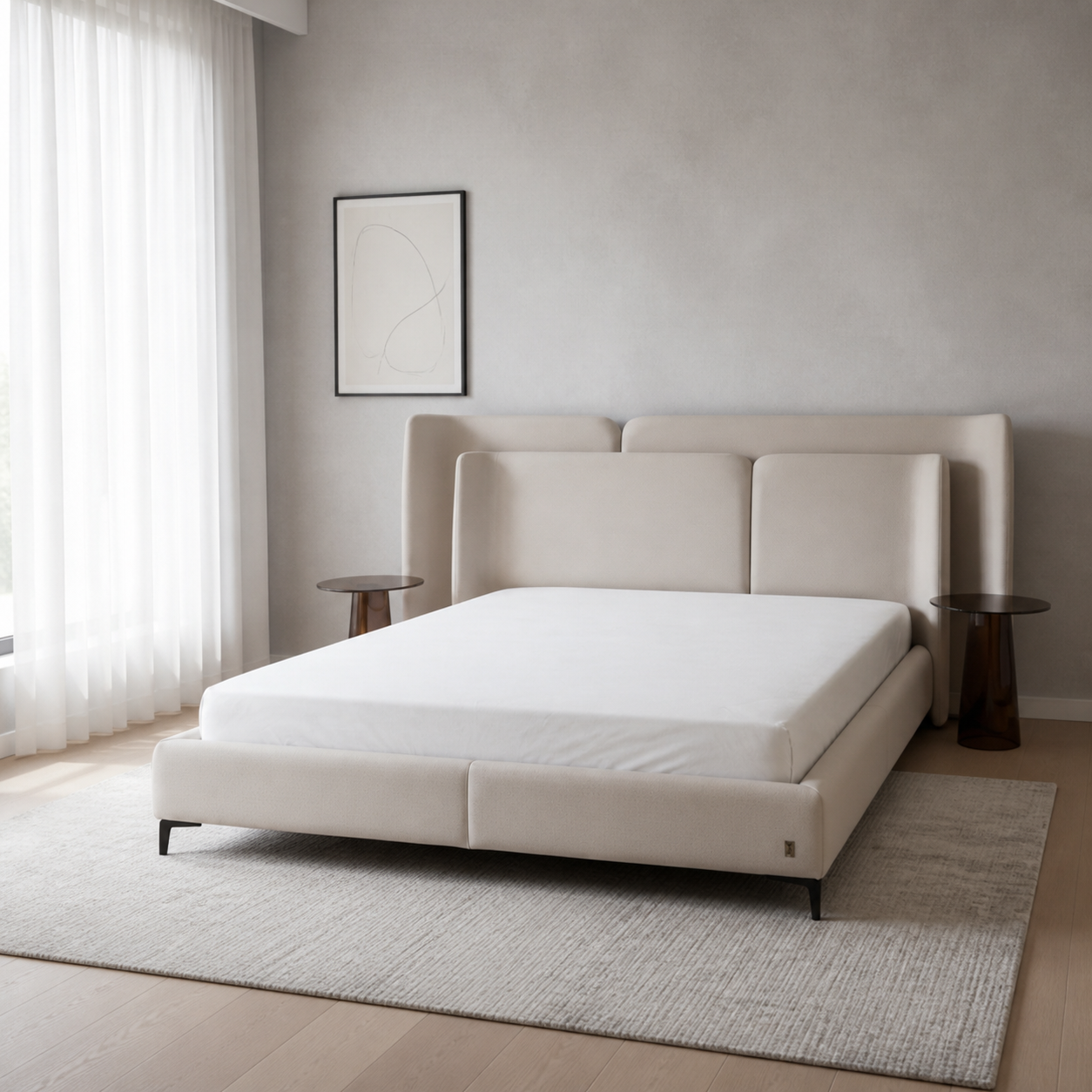 Auron - Bed, complete front three-quarter bed view in a restrained bedroom