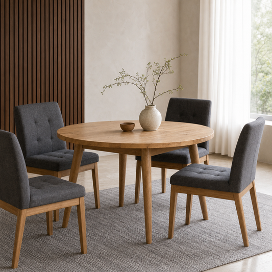 Aria - Wooden Top Dining Table, complete front three-quarter dining view in a contemporary room