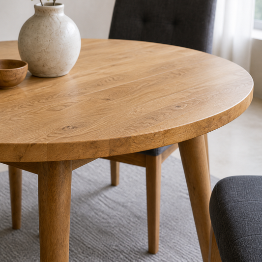 Aria - Wooden Top Dining Table, close tabletop and construction detail