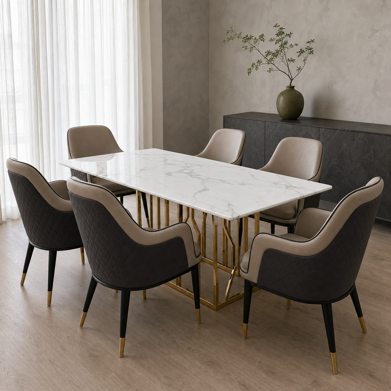 Asher - Dining Table Marble Top - 6 Seater, complete front three-quarter dining view in a contemporary room