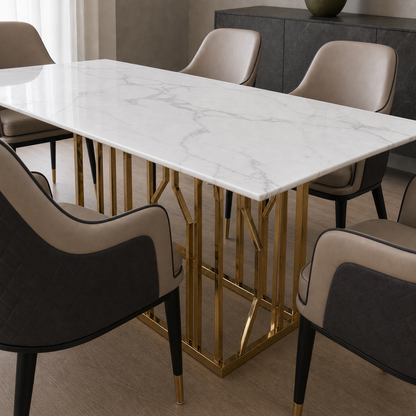Asher - Dining Table Marble Top - 6 Seater, close tabletop and construction detail