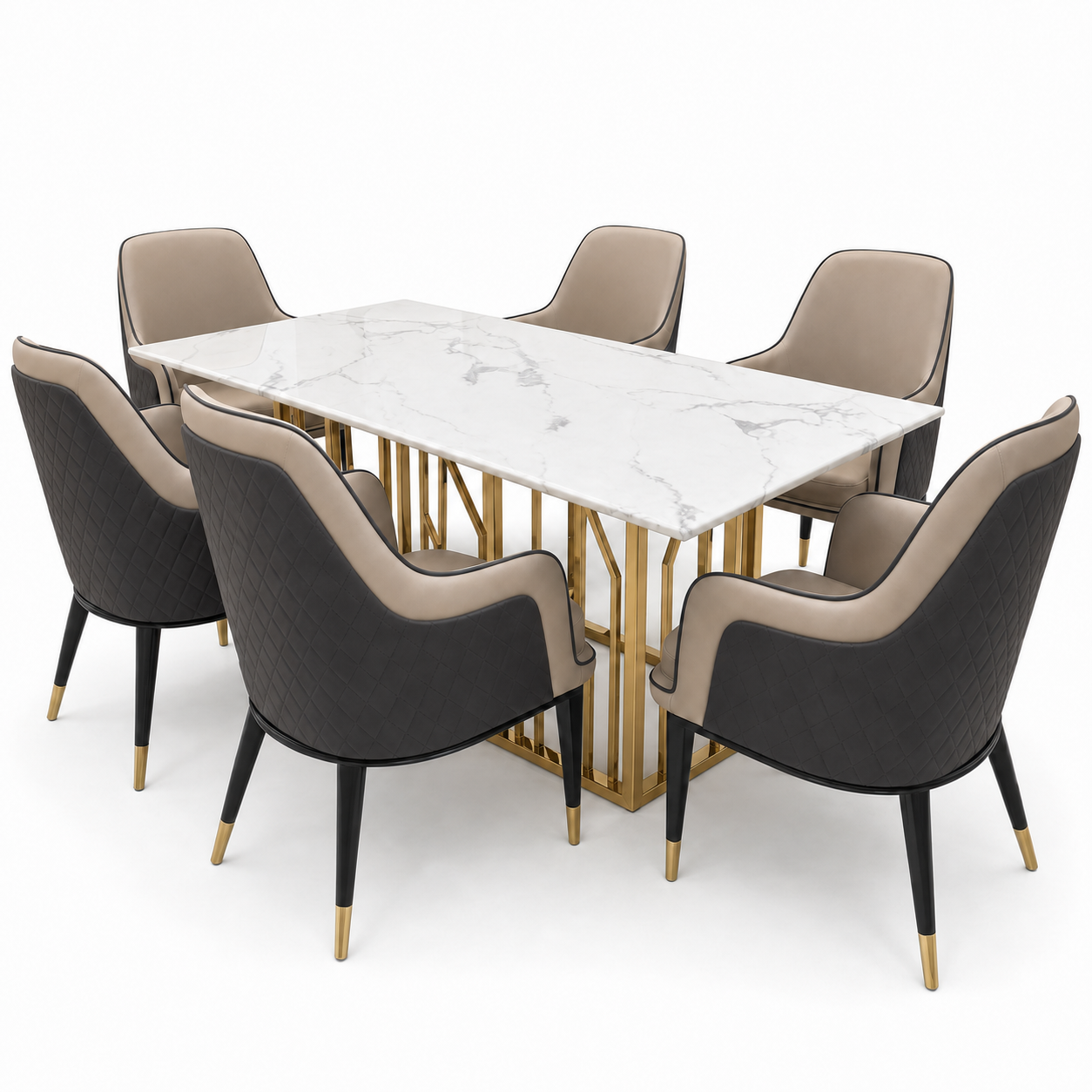 Asher - Dining Table Marble Top - 6 Seater, complete set front three-quarter studio view