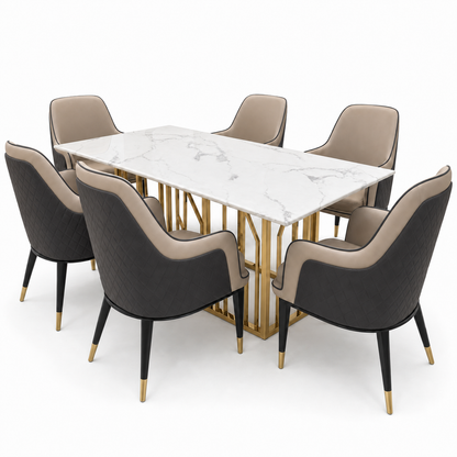 Asher - Dining Table Marble Top - 6 Seater, complete set front three-quarter studio view