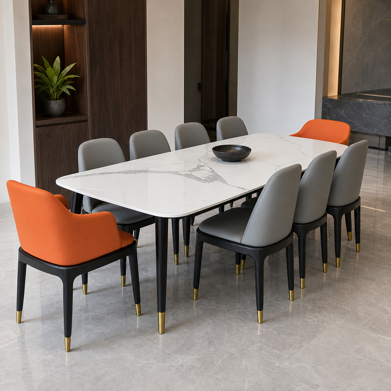 Otto - Dining Table Marble Top - 4/6 Seater, complete front three-quarter dining view in a contemporary room