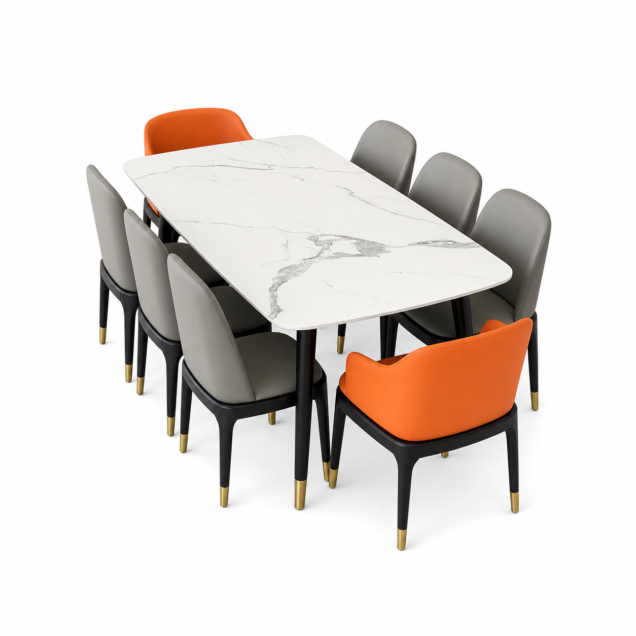 Otto - Dining Table Marble Top - 4/6 Seater, complete set front three-quarter studio view