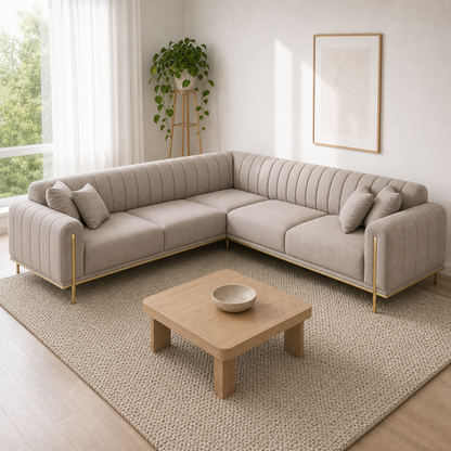 Astra - L shape sectional sofa, three-quarter view showing the two-arm corner depth