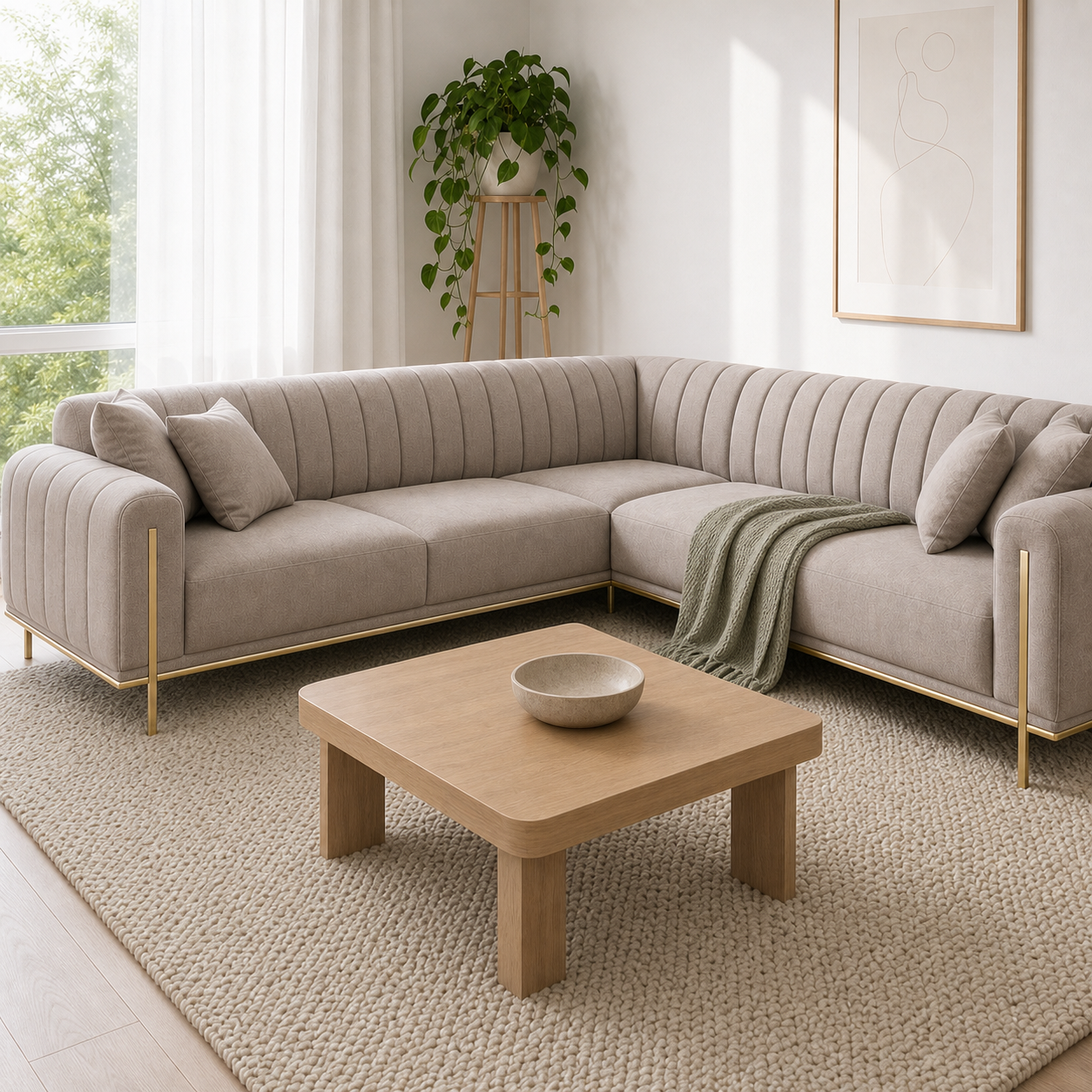 Astra - L shape sectional sofa corner sectional styled with a sage-green throw