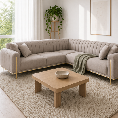 Astra - L shape sectional sofa corner sectional styled with a sage-green throw