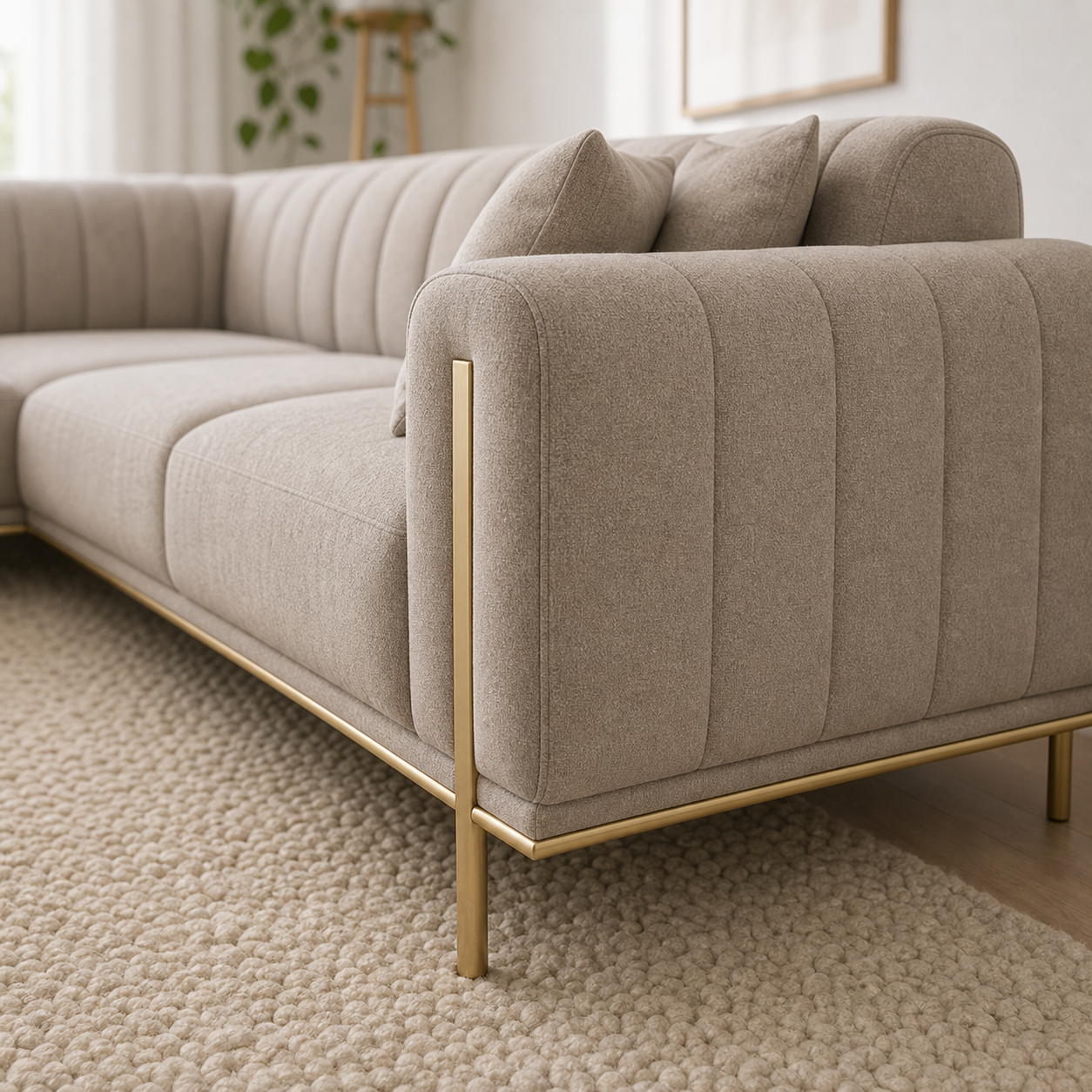 Close-up of the Astra - L shape sectional sofa's channel tufting, trim, and upholstery