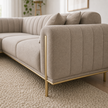 Close-up of the Astra - L shape sectional sofa's channel tufting, trim, and upholstery