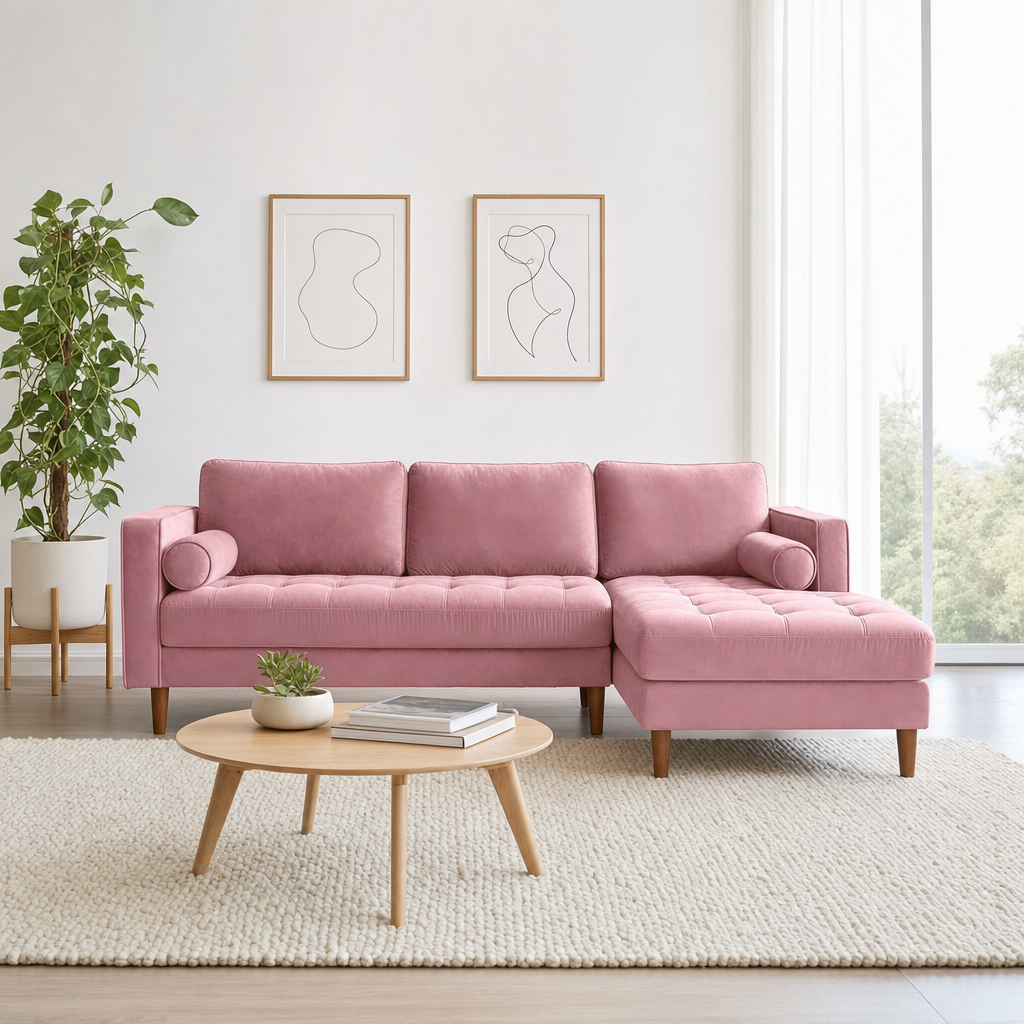 Aura - L Shape Sofa in dusty pink velvet, front view in a modern living room