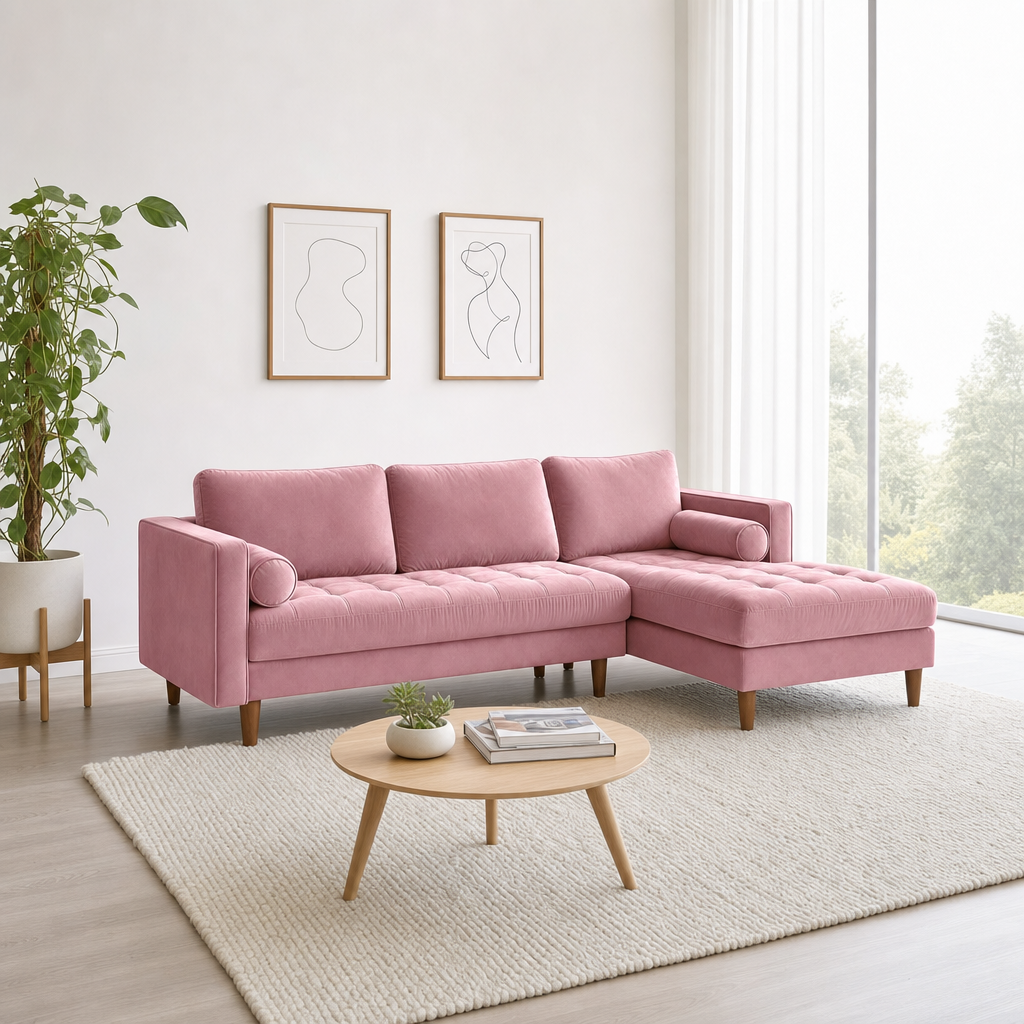 Aura - L Shape Sofa, three-quarter view showing the chaise and depth