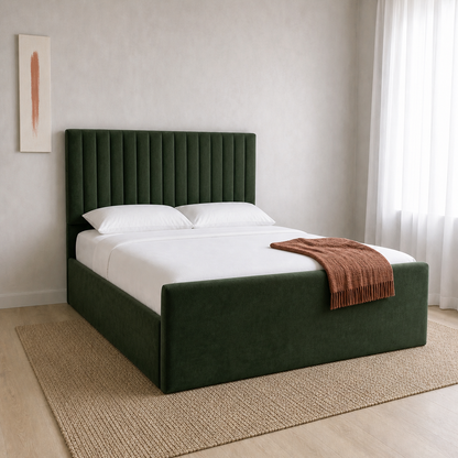 Auron - Bed, closer made-bed view showing the complete frame construction