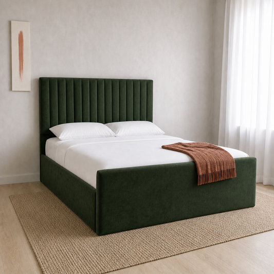 Auron - Bed, closer made-bed view showing the complete frame construction
